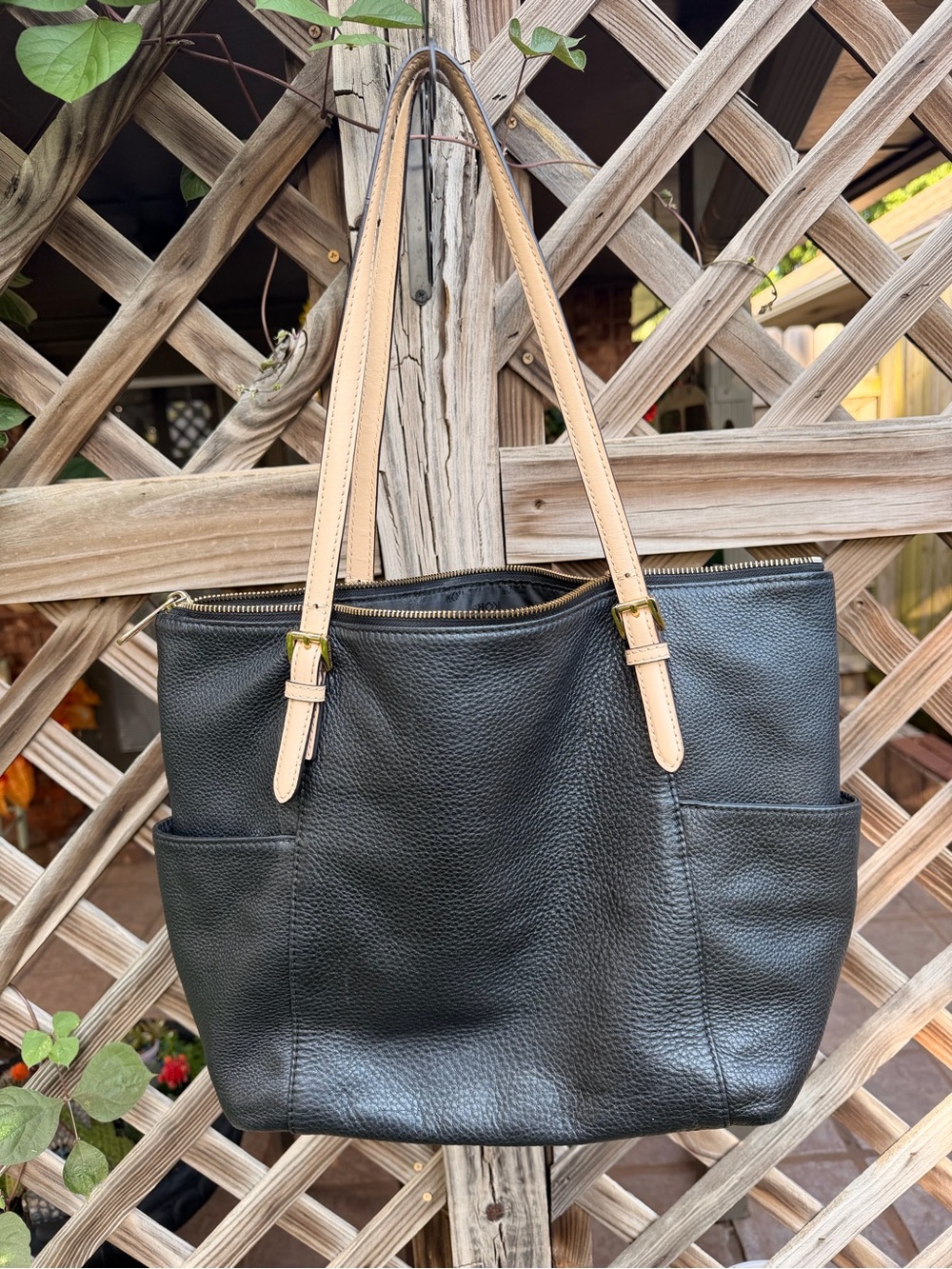 Michael Kors Black Leather Tote with Light Beige Straps - Picture 3 of 7